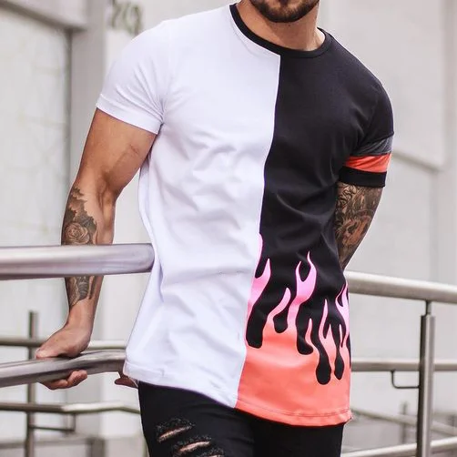 Men's Fashion Color Matching Flame Printed Casual Short Sleeve T-Shirt
