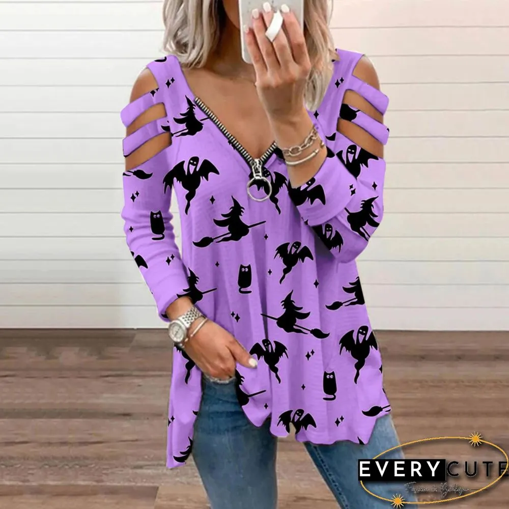 Halloween Print Cold Shoulder Blouse