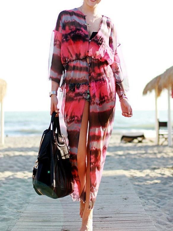 Long Sleeves V-neck Bohemia Maxi Beach Dress