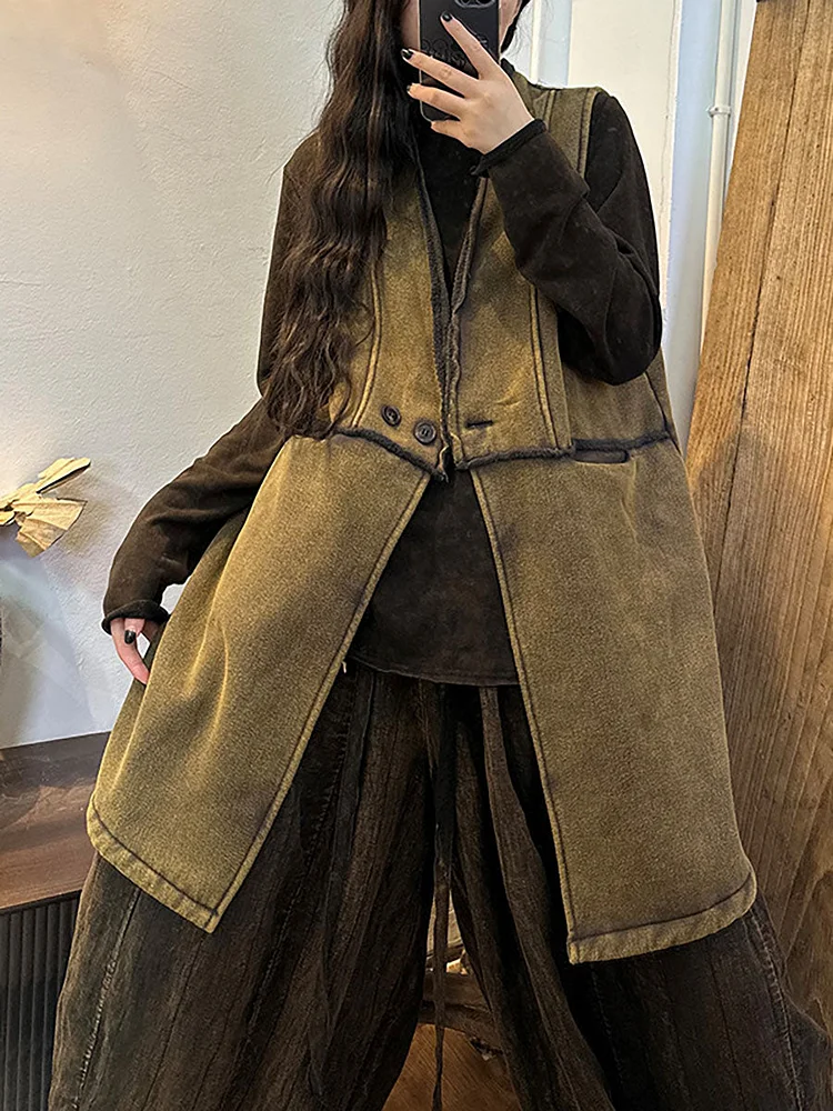 Women Winter Vintage Thick Button Long Waistcoat