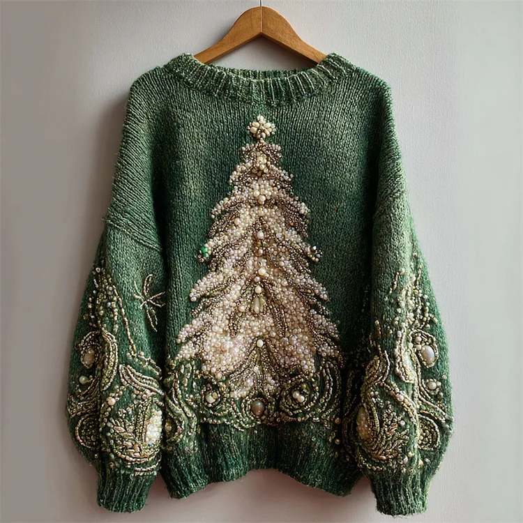 Elegant Christmas Tree Beaded Cozy Knit Sweater