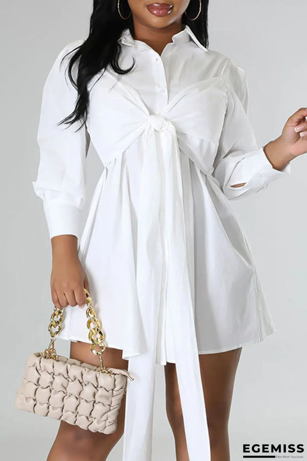 White Casual Solid Bandage Patchwork Buckle Turndown Collar Shirt Dress Dresses | EGEMISS