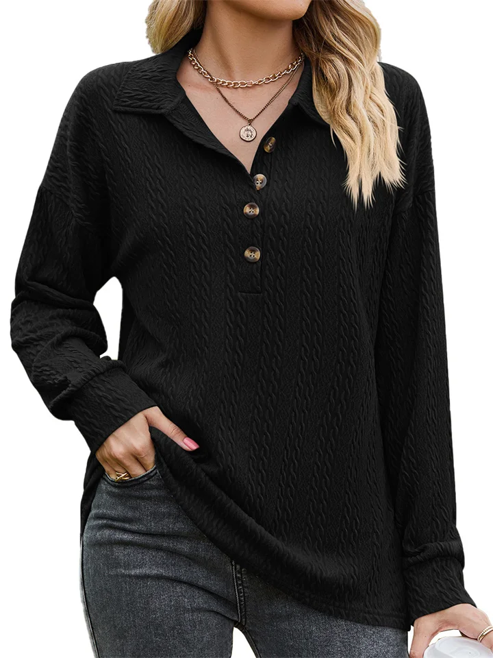 Urban Temperament Commuter Solid Color Lapel Buttons Loose Long-sleeved Pullover Twisted Patterned Blouse Female-JRSEE