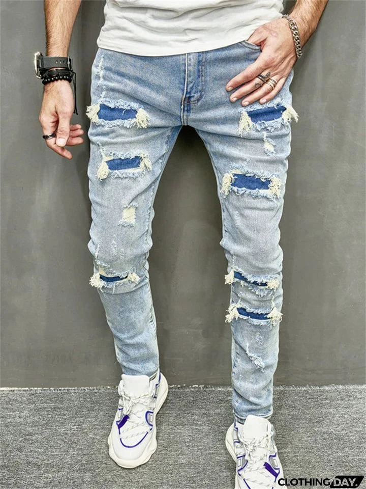 Blue Fashion Hip Hop Ripped Streetwear Jeans for Men