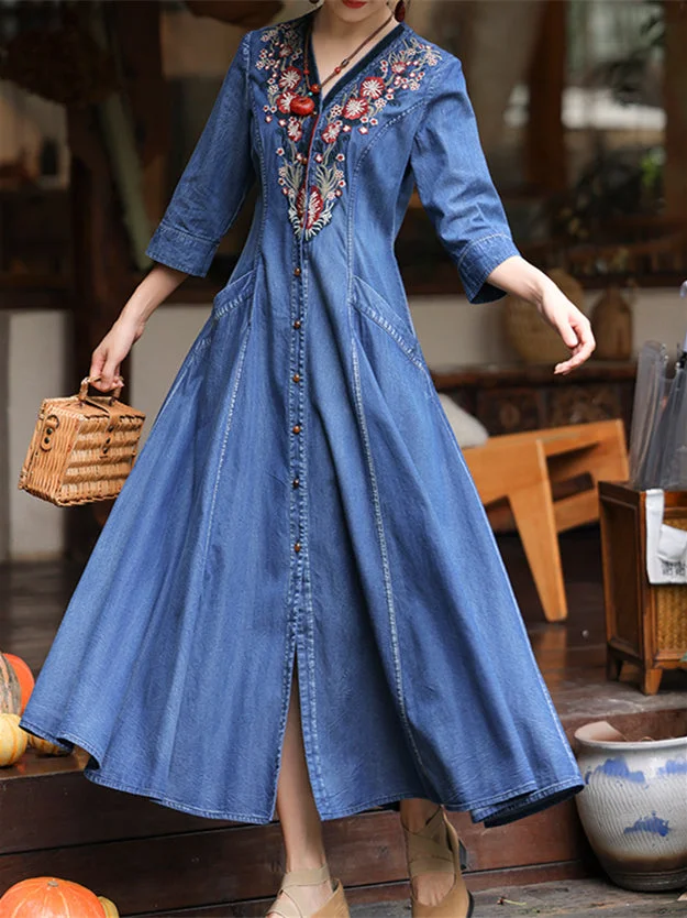 Women's Denim 3/4 Sleeve V-neck Dress