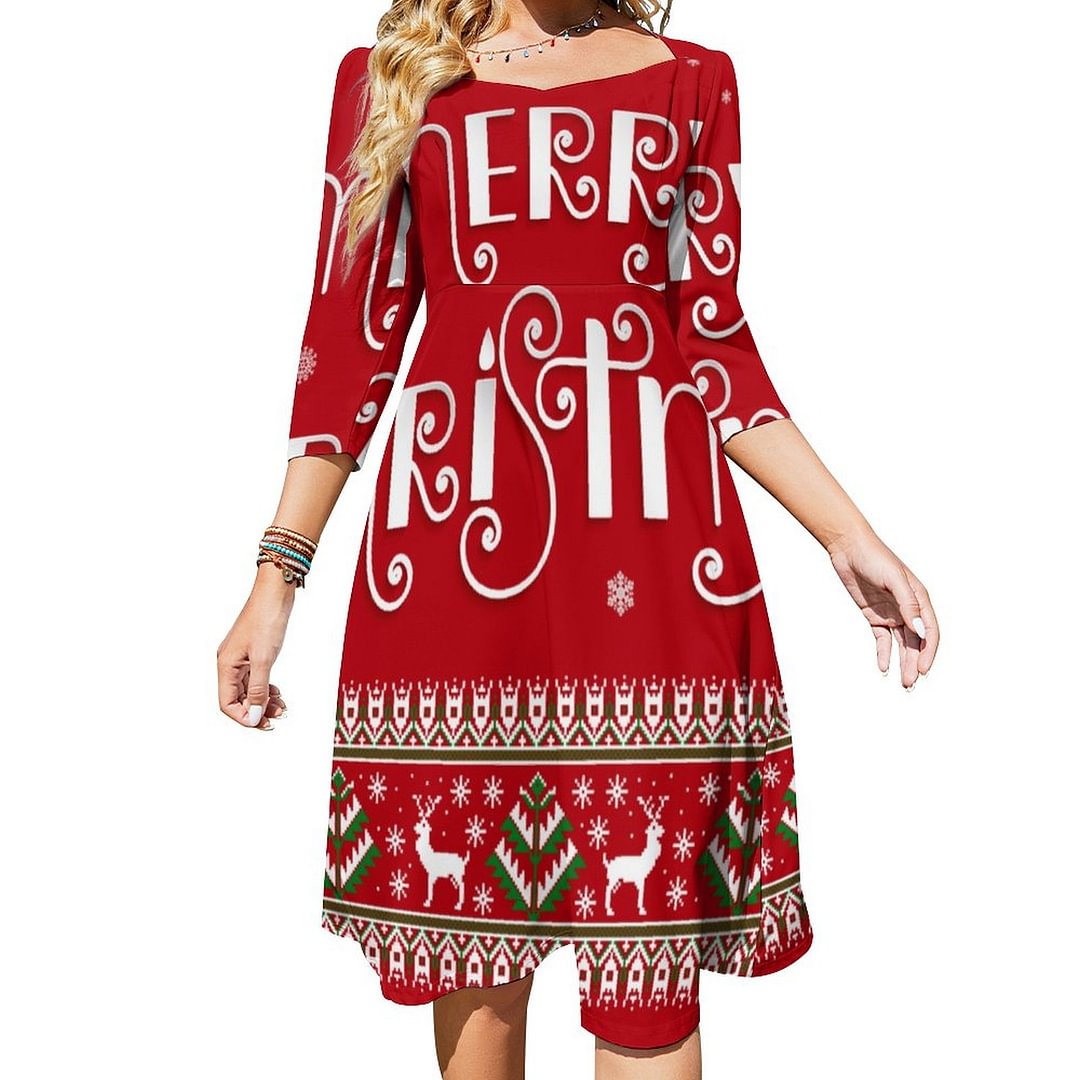 Merry Christmas Card With Winter Symbols And Text Dress Sweetheart Tie Back Flared 3/4 Sleeve Midi Dresses