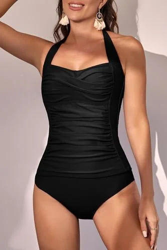 Womens Halter Ruched Tummy Control Two Piece Tankini 