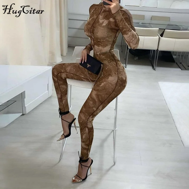 Hugcitar 2021 Long Sleeve Print See-Through Ruched Bodysuit Pencil Pants 2 Pieces Set Sexy Summer Women Streetwear Club Y2K