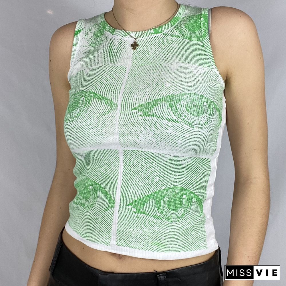 Women Trendy Portrait Letter Printed Tank Tops Summer Vest Female Round Neck Sleeveless Slim Fit Crop Tops