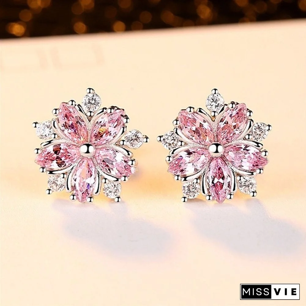 Cute 925 Sterling Silver Pink Topaz Cross CZ Diamond Sakura Flower Stud Earrings Wedding Jewelry Gifts