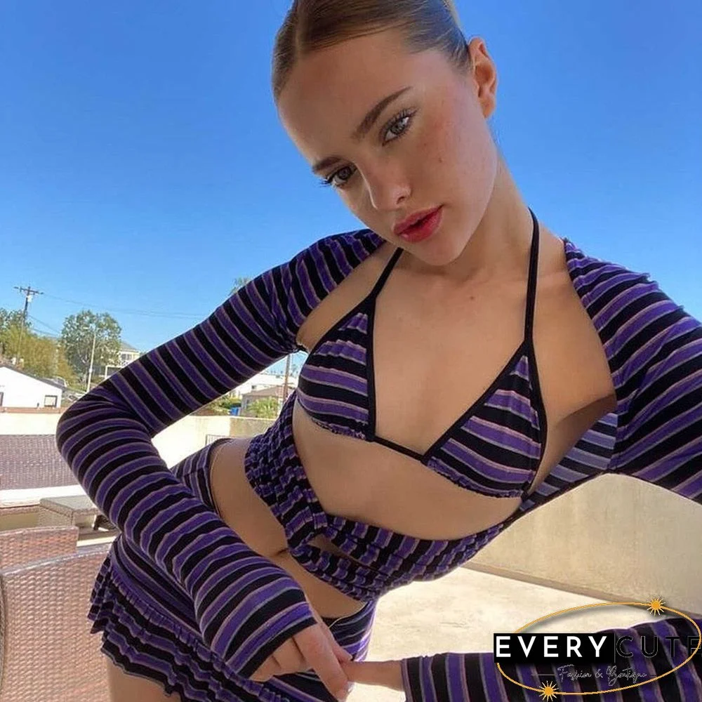 Chic Women Three Pieces Striped Suits Sets Sexy Long Sleeve Cutout Crop Tops+Tie-Up Halter Bra+Mini Ruffles Skirt