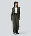 2026🔥 Halara Ribbed SoCinched High Waisted Tummy Control Drawstring Wide Leg Color Block Casual Trousers with Pockets