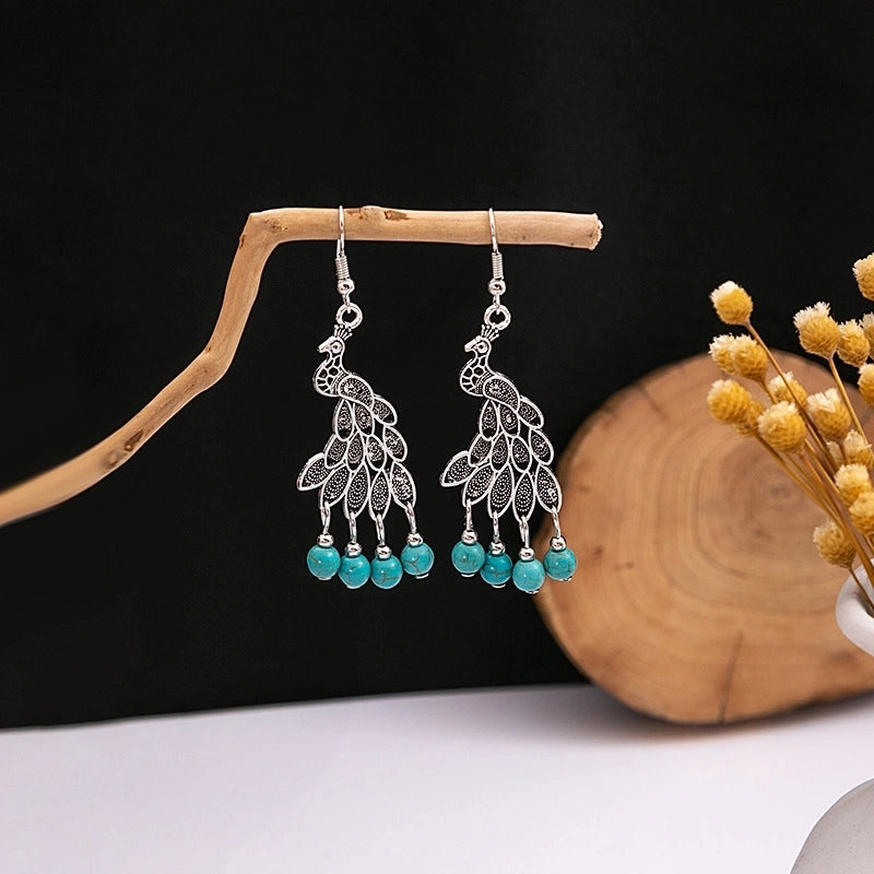Bohemian Blue Turquoise National Style Earrings Imitation Miao Silver Metal Earrings Vintage Tassel Earrings