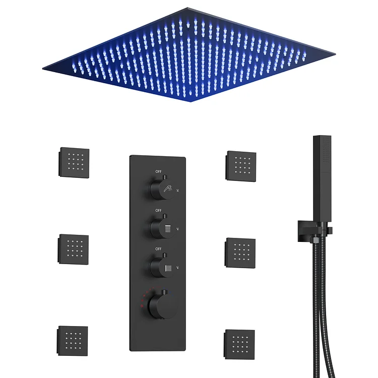EVERSTEIN Thermostatic LED Rainfall Shower System in Matte Black SFS-1028-BK20