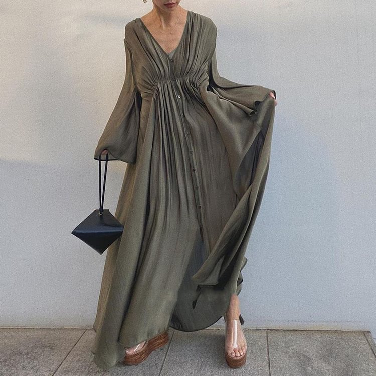 Spring Women Retro Baggy Fashion V Neck Long Shirt Dress Button Down Elegant Party Holiday Sundress - Life is Beautiful for You - SheChoic