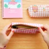 Cute Bear Pink Blue Plaid Large Capacity Brushes Pens Storage Bag Back to School Student Stationery