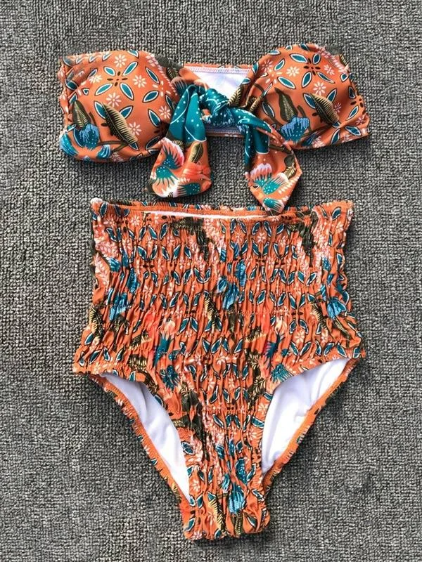 Random Calico Print Knot Front Top With High Waist Bikini Set