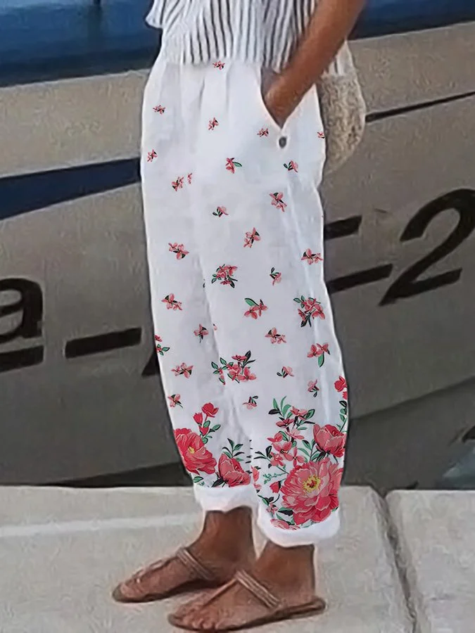 Women's Cotton Linen Floral Print Lounge Pants