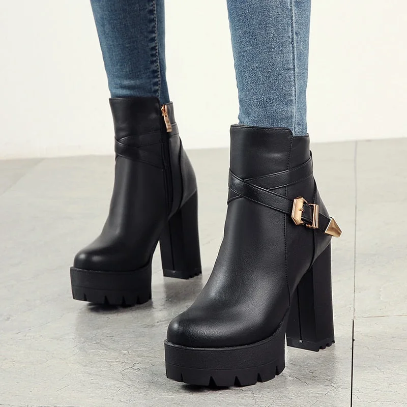Vstacam Sping Autumn Platform Ankle Boots Woman Black Leather Shoes Female High Heels Boots Ladies Shoes For Party Big Size 43