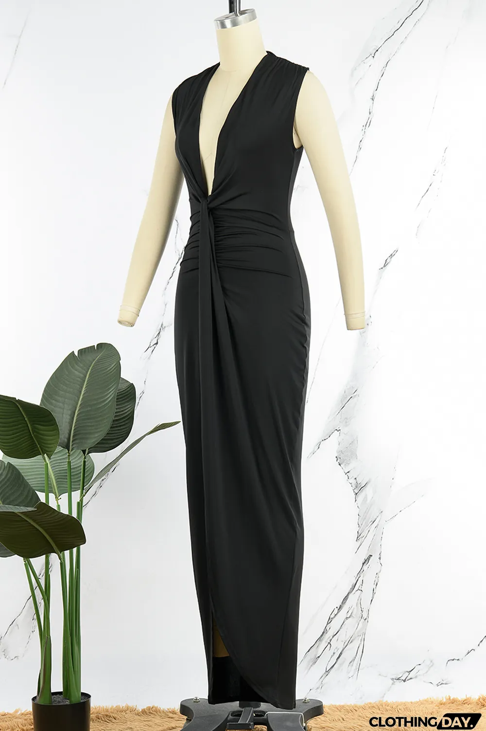 Black Sexy Solid Patchwork Asymmetrical V Neck Irregular Dress Dresses