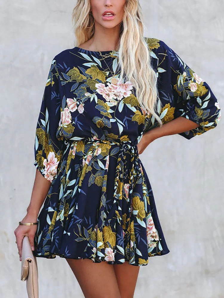 Women's 3/4 Sleeve Scoop Neck Floral Printed Midi Dress