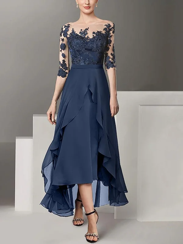 Lace Chiffon Solid Color Midi Dress