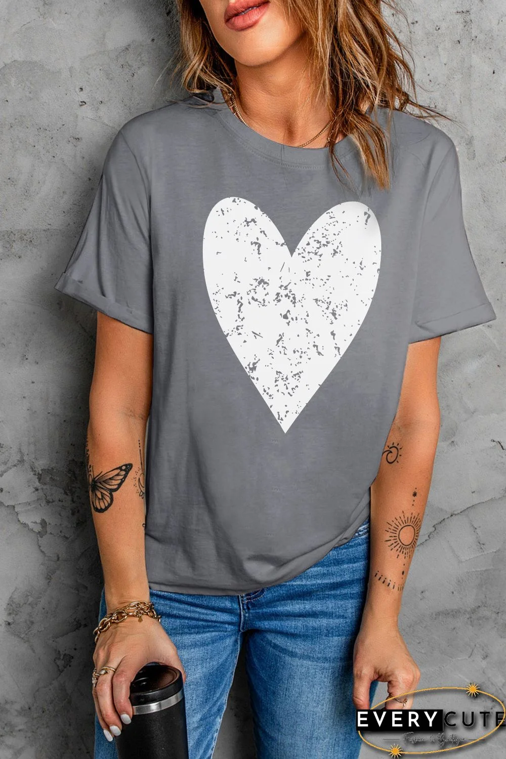 Gray Valentine's Day Large Heart Shape Print Graphic T Shirt