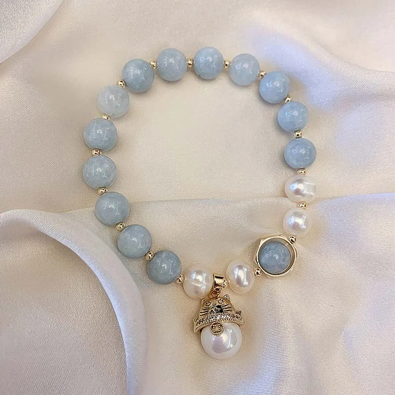Aquamarine Pearl Peace Healing Lucky Cat Charm Bracelet