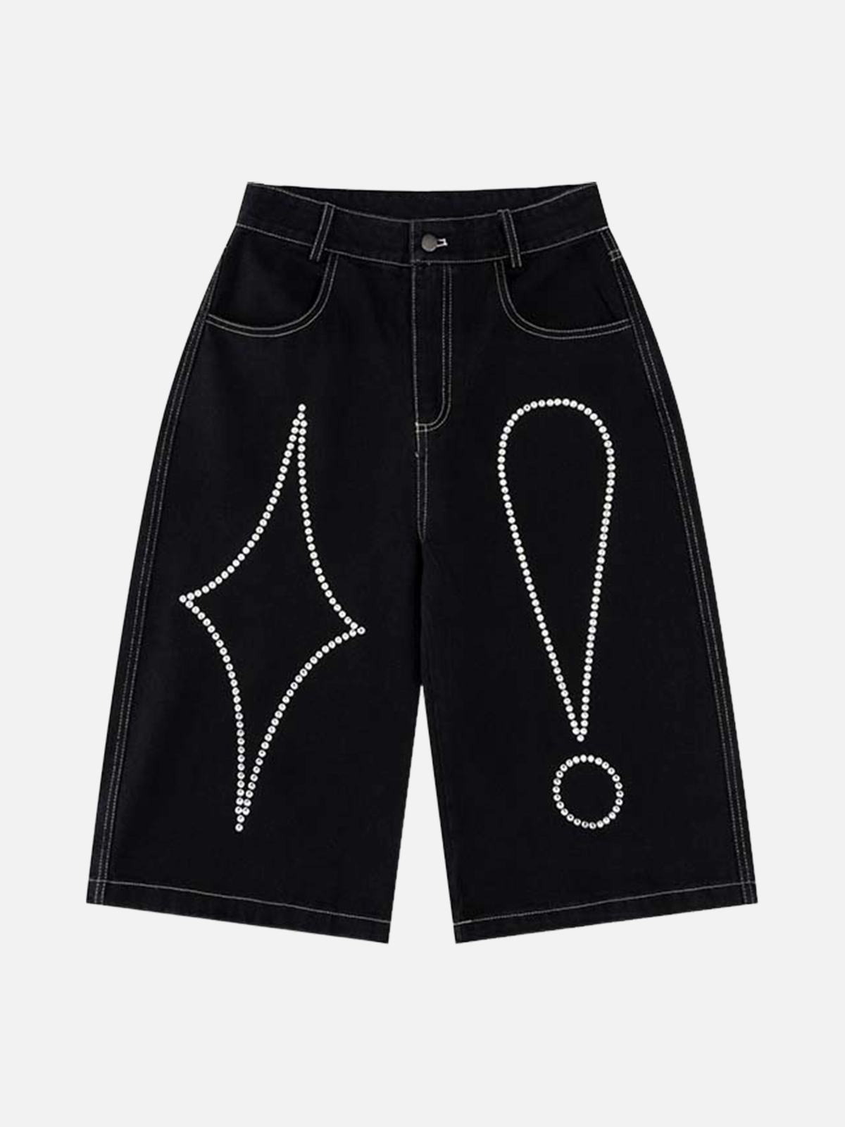 Black Act Chic Hotfix Rhinestones Longline Jorts Front