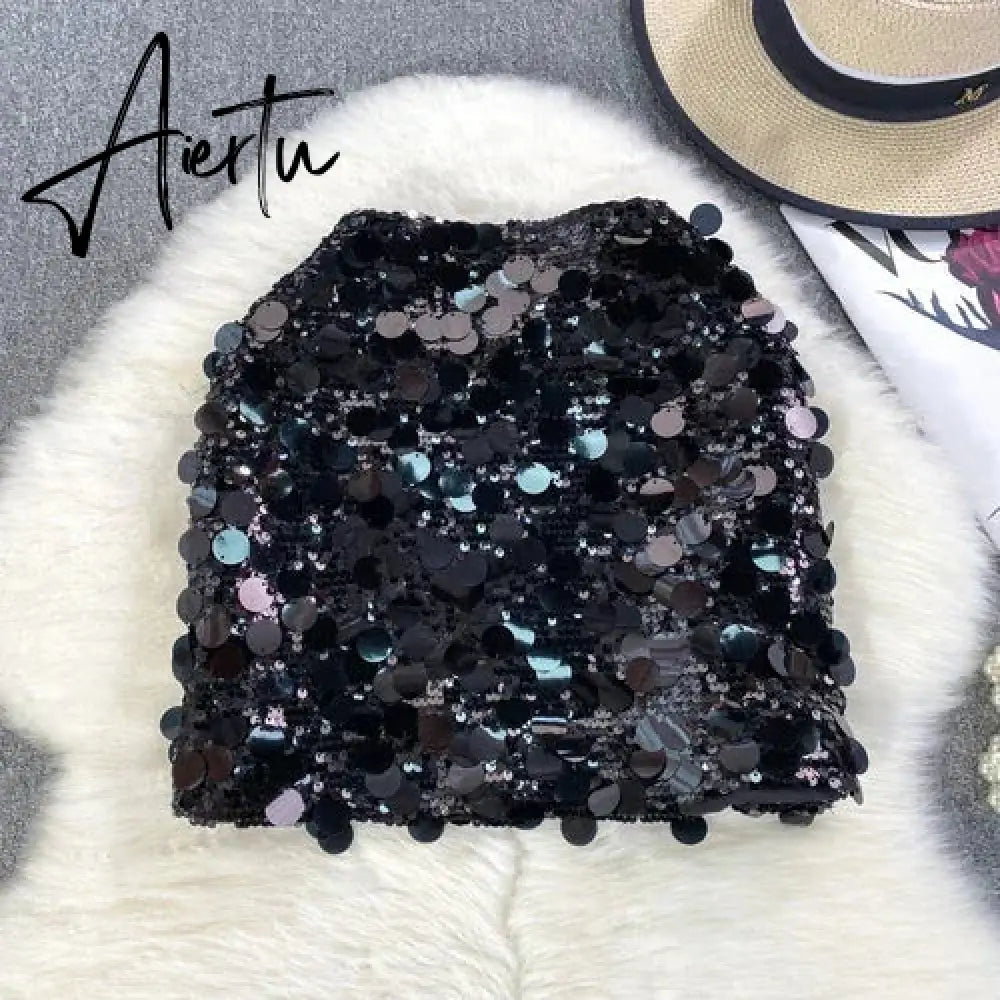 Women Glitter Sequins High Waist Sexy Short Skirt Party Fashion Vintage Luxury Skirts Goth Spring Summer Clothing Aiertu