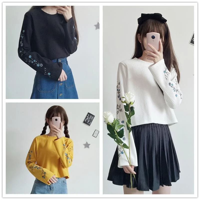 Final Stock! Yellow/Black/White Flowers Embroidery Pullover Shirt SP1710907