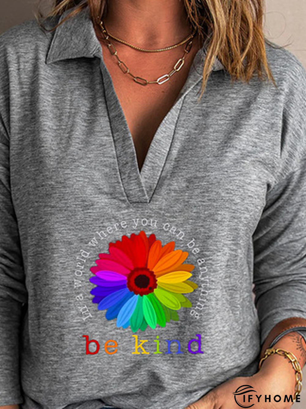 Be Kind Daisy Long Sleeve Shawl Collar Casual T-Shirt | IFYHOME