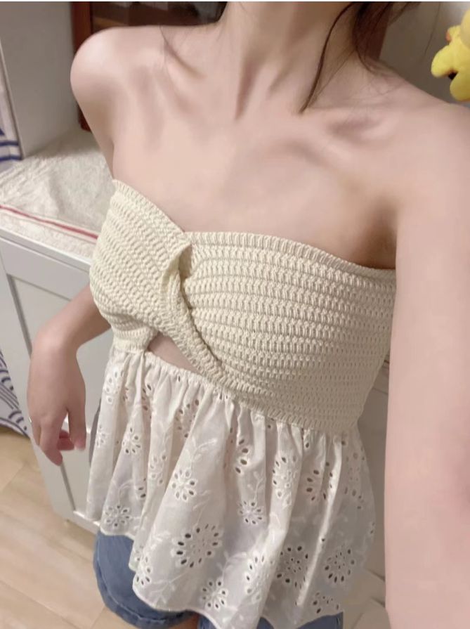 Ootddress White Tube Top Knit Twist Crop Top Women Elegant Lace Mesh Strapless Corset Top Korean Sexy Streetwear Cute Chiffon Blouse