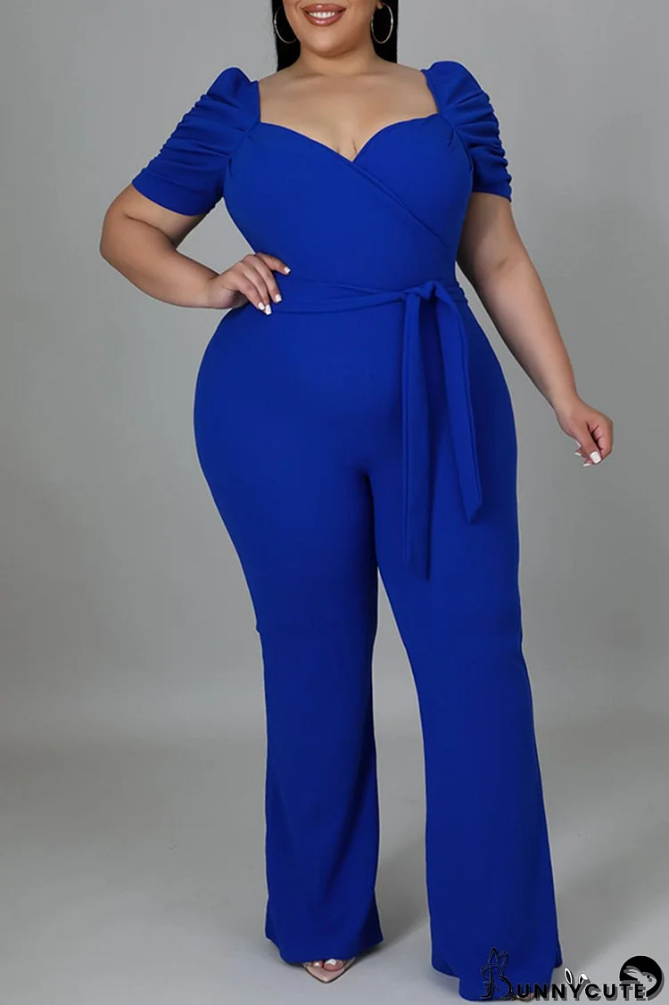 Blue Fashion Casual Solid Basic V Neck Plus Size Jumpsuits