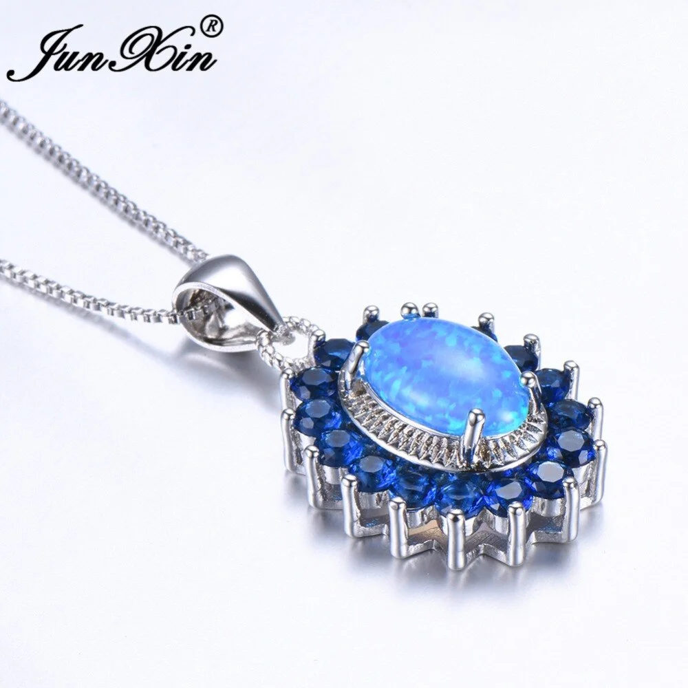 JUNXIN Elegant Blue Fire Opal Necklace For Women Romantic Dark Zircon Pendant Fashion Silver Color Jewelry