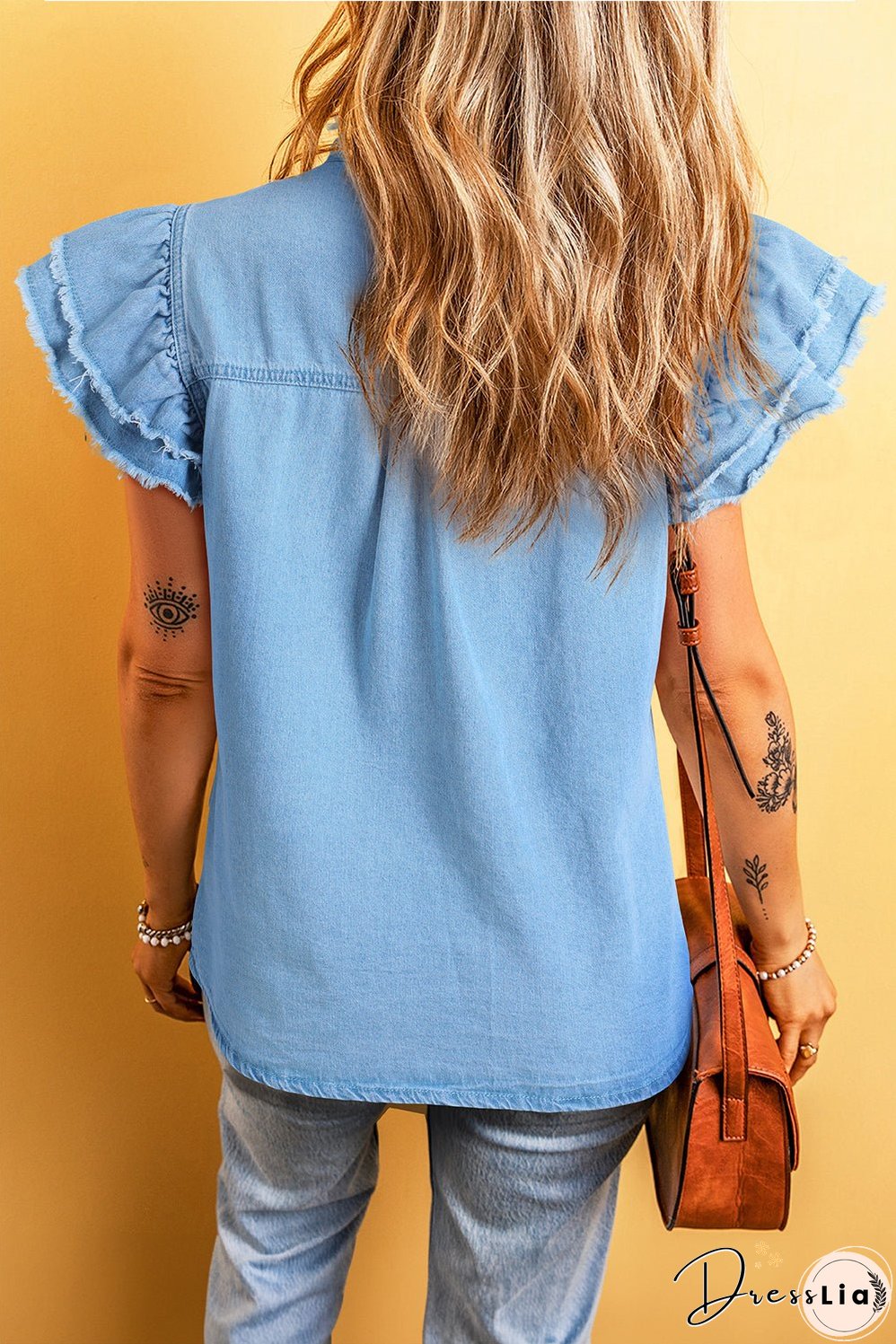 Button Front Frayed Denim Top