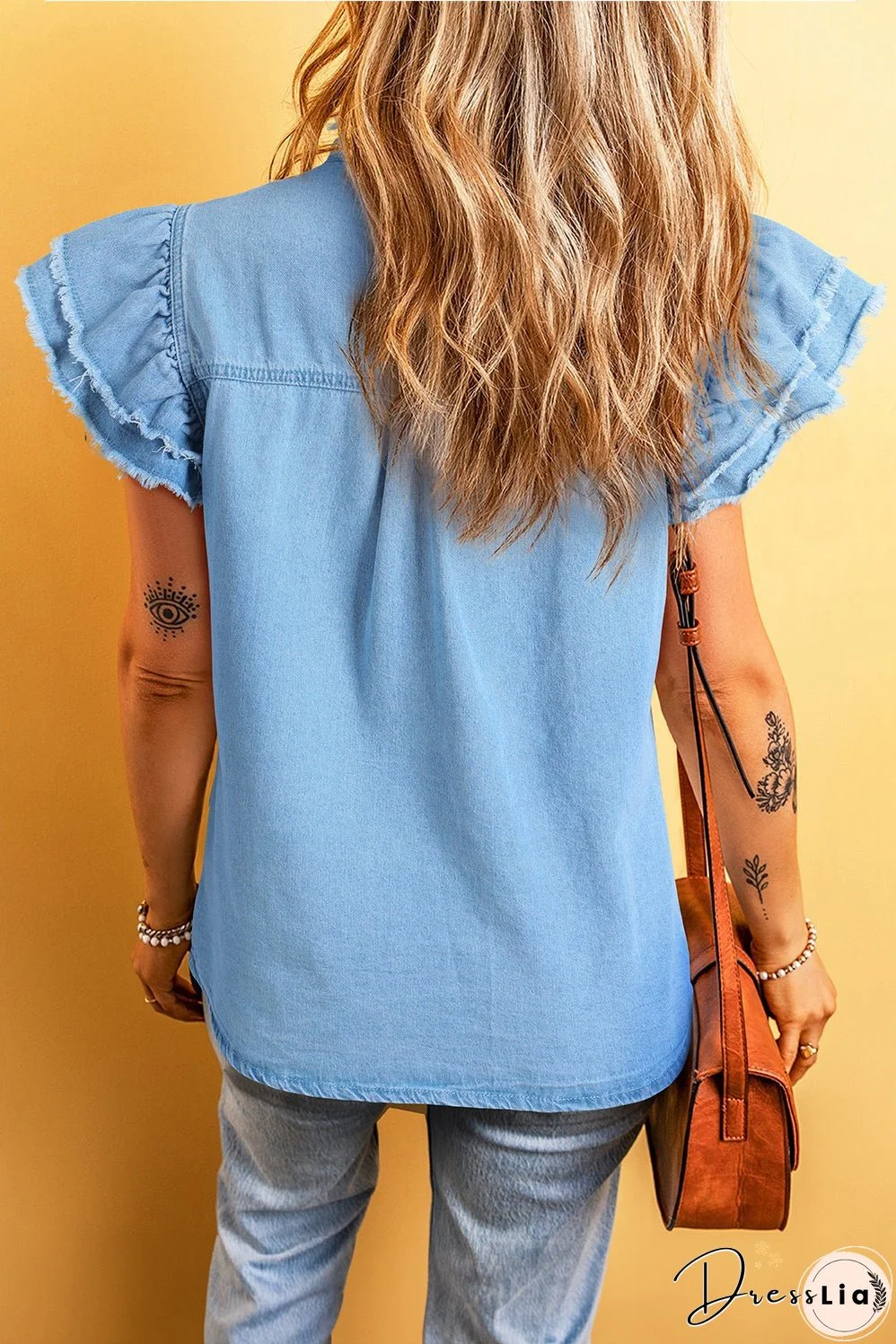 Button Front Frayed Denim Top