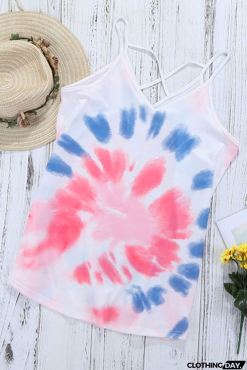 Cute Pink Tie Dye Strappy Crossed Neckline Tank Top