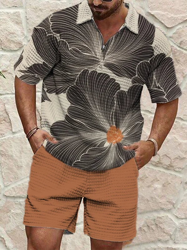Men's Vacation Geometric Art Lines Flower Print Zip Up Polo Shirt