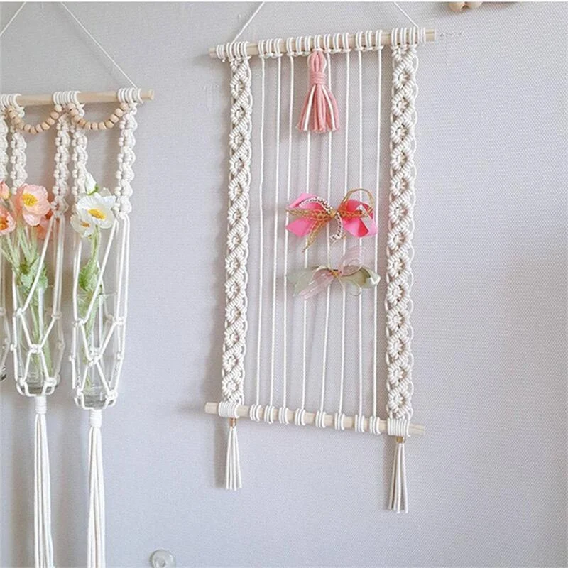 INS Nordic Bohemian Woven Tapestry Tassels Photos Hairpins Storage Organizer Baby Girls Hair Clips Holder Wall Hanging Ornaments