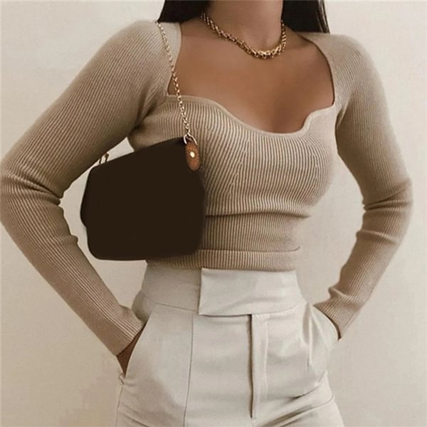 New Women Knitted Sweater Top Long Sleeve Heart-Neck Casual Fashion Woman Slim-Fit Tight Knitted Sweaters Pullover Tops - Shop Trendy Women's Fashion | TeeYours