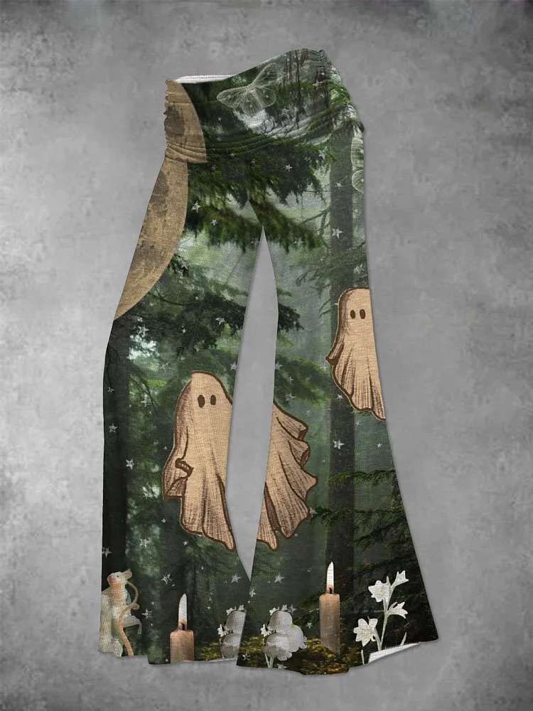 Women's Casual Ghost Art Print Foldover Elastic Waist Loose Pants