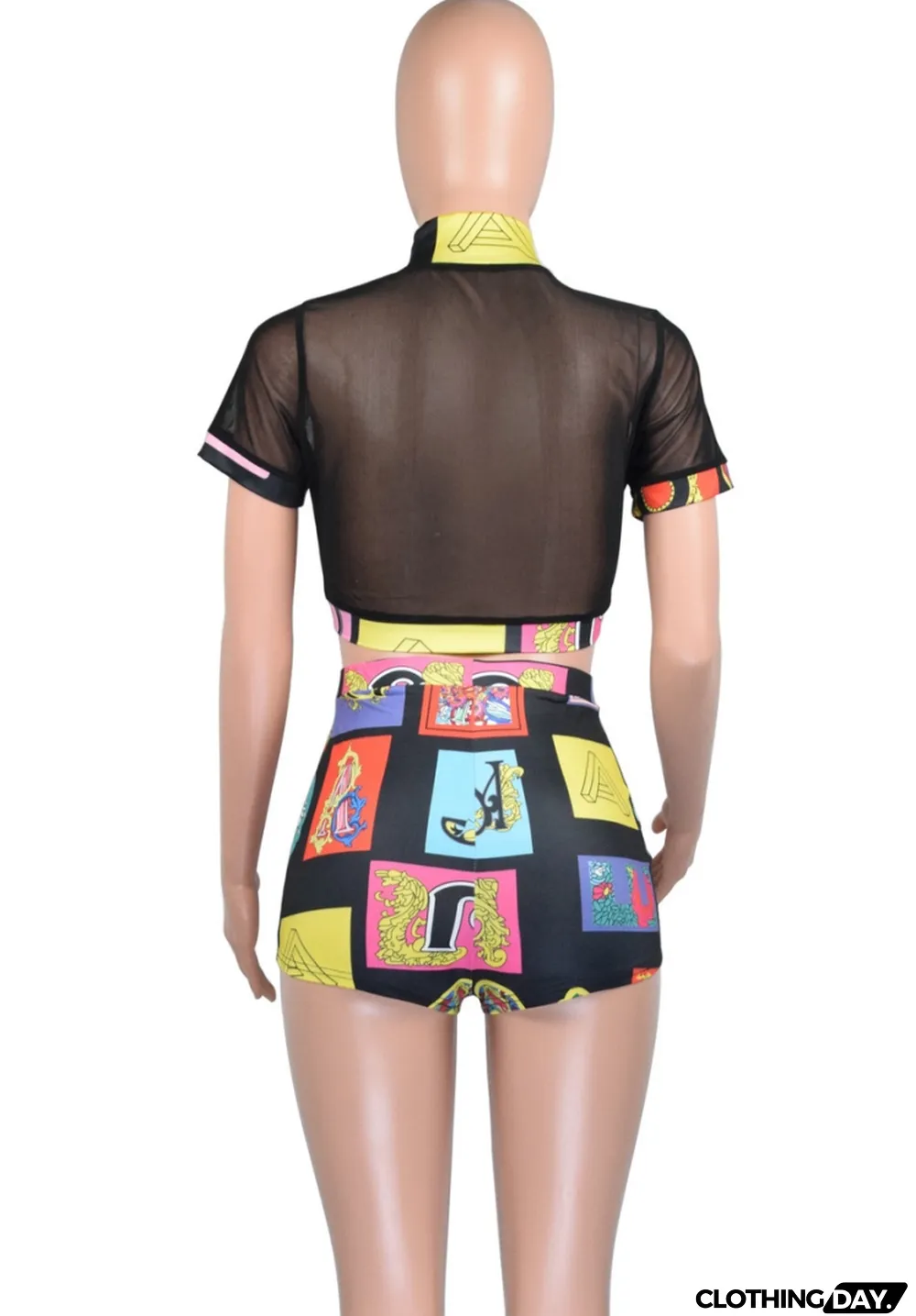 Women Summer Black Sexy Turtleneck Short Sleeves High Waist Printed Skinny Two Piece Shorts Set