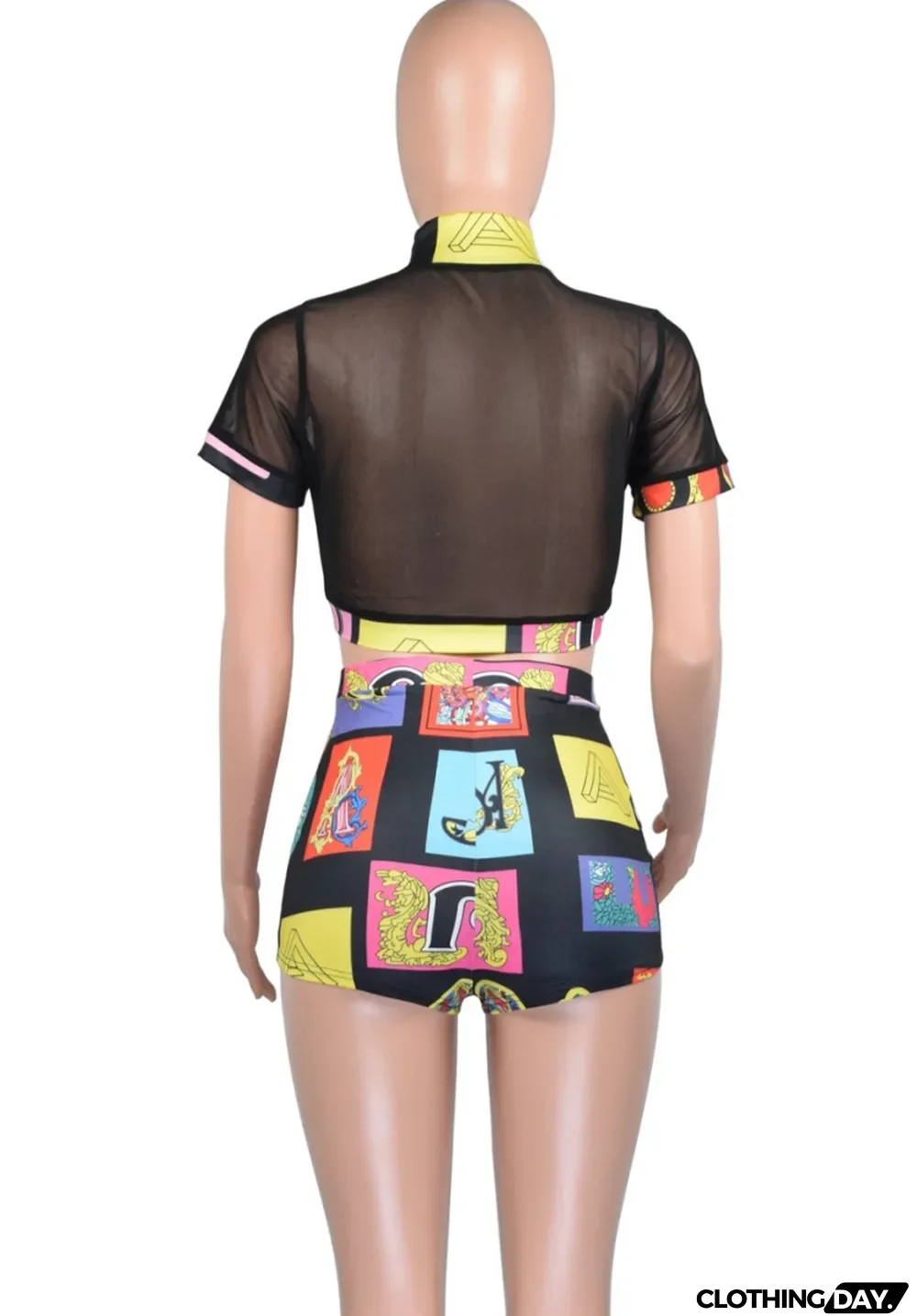 Women Summer Black Sexy Turtleneck Short Sleeves High Waist Printed Skinny Two Piece Shorts Set