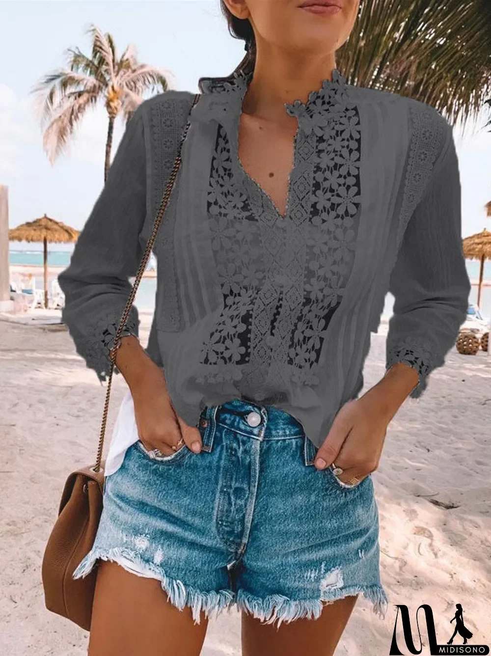 MidiSono - Women's Floral Long Sleeve Floral Printed Lace Tops