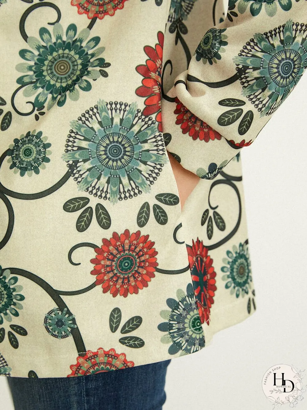 Flower Print Button Pocket Hooded Casual Jacket for Women