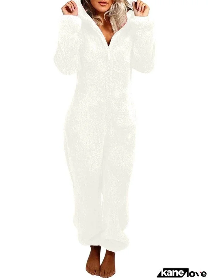 Cute Animal Ear Hooded Warm Fleece Long Sleeve Jumpsuits for Women