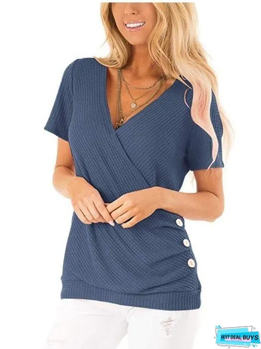Short Sleeve V Neck Wrap Knit Top Hem Button T-Shirt