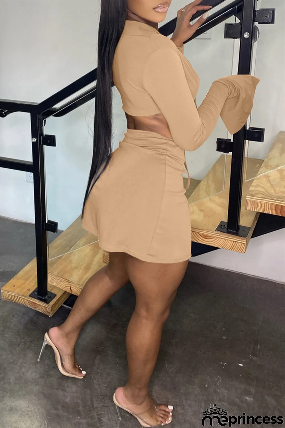 Black Sexy Casual Solid Bandage Slit V Neck Long Sleeve Two Pieces