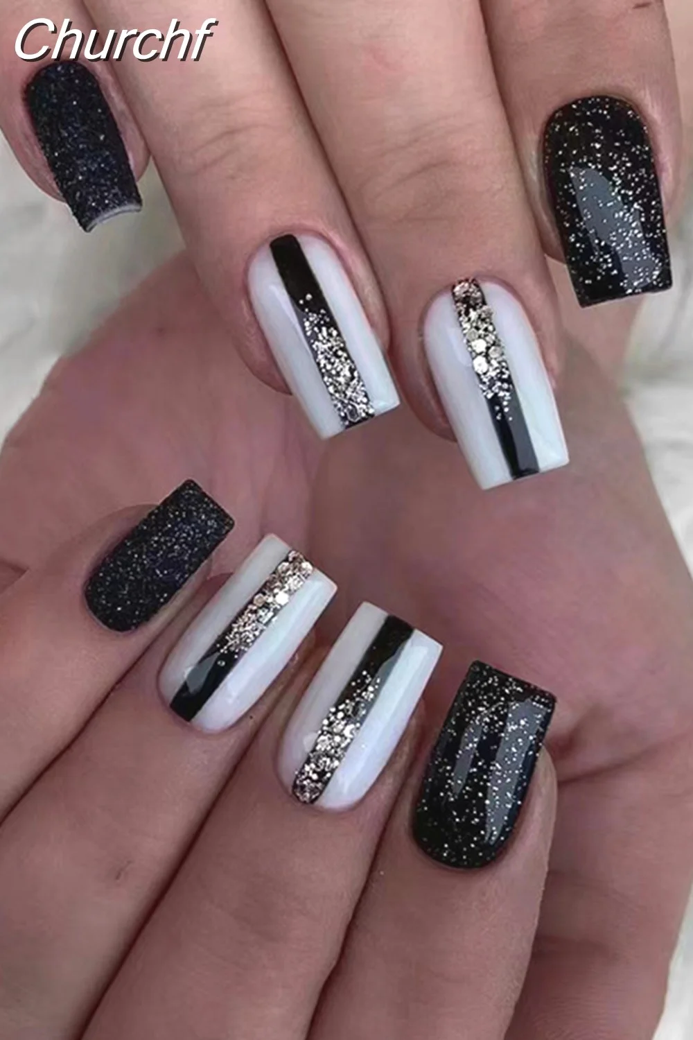 Churchf Nail Full Cover Fake Nail Pink Glitter Wearable French Short Nails Square Head False Nail Press On Nails Manicure Tool 715-1-Nail Inspo